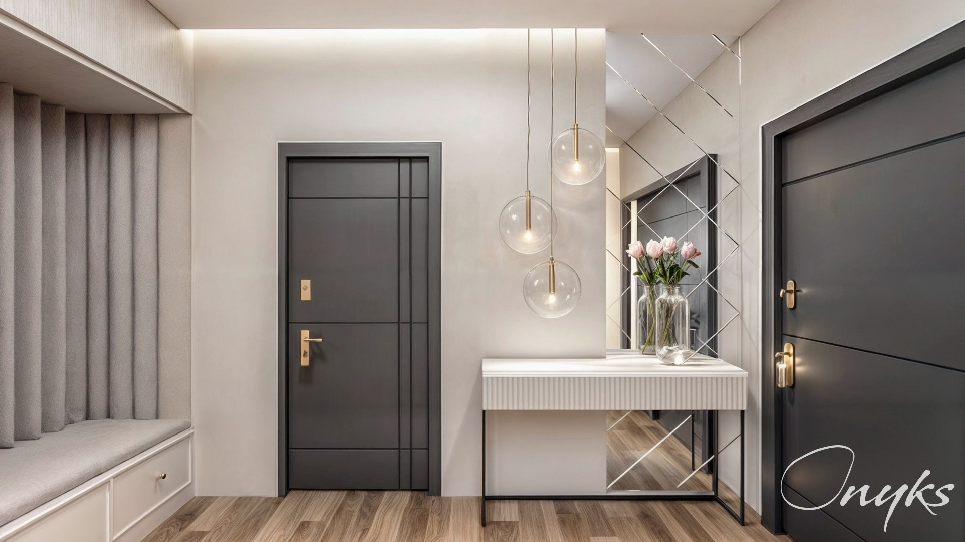 Nowoczesny przedpokój z szarą tapicerowaną ławką, dwiema szarymi drzwiami z złotymi klamkami, konsolą z lustrem z geometrycznych płytek i wiszącymi szklanymi lampami w kształcie kuli.