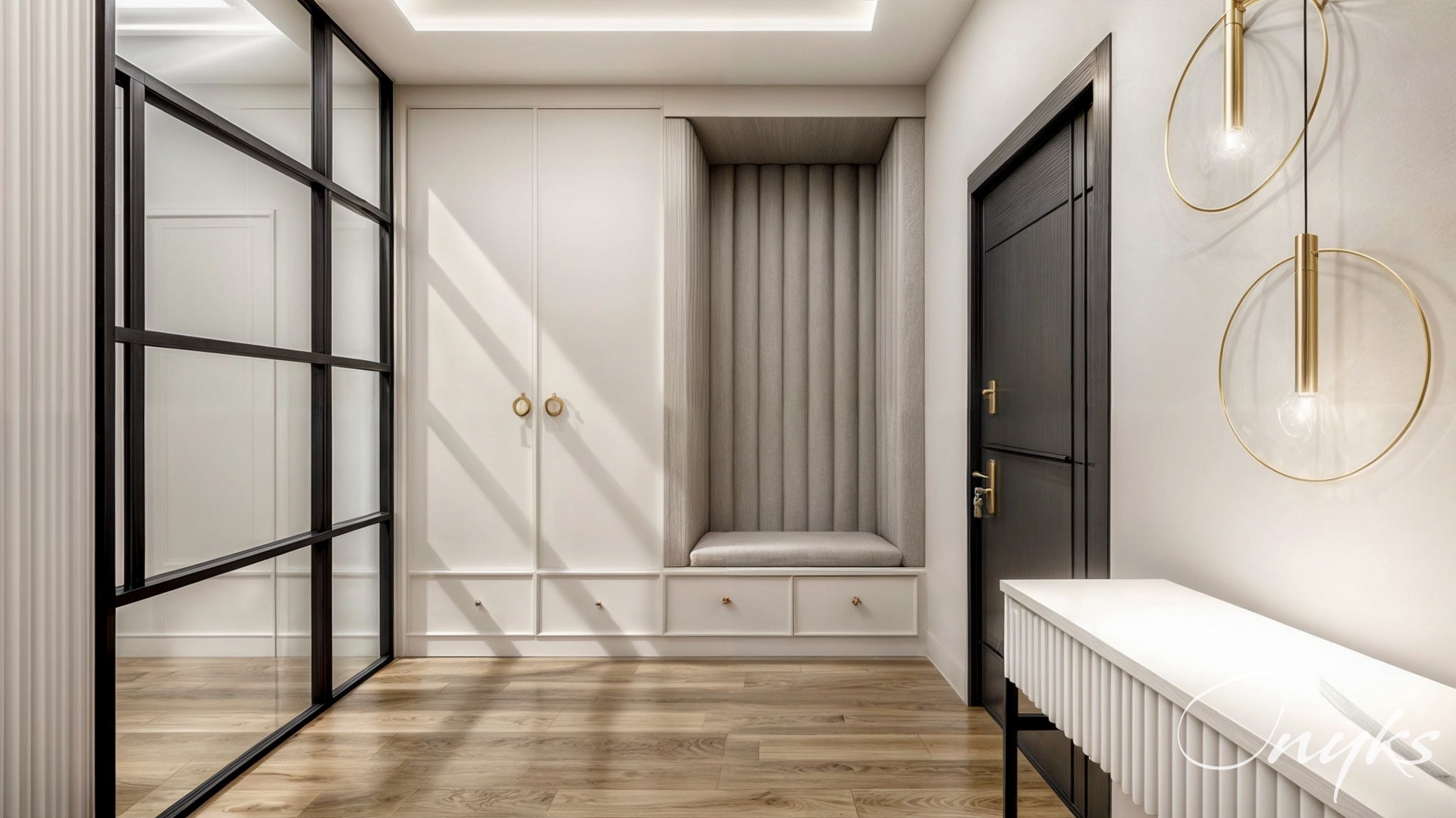 Nowoczesny przedpokój z zabudowaną szafą, siedziskiem z tapicerowanym panelem ściennym, lustrem w czarnej ramie i dekoracyjnymi lampami w kształcie okręgów.