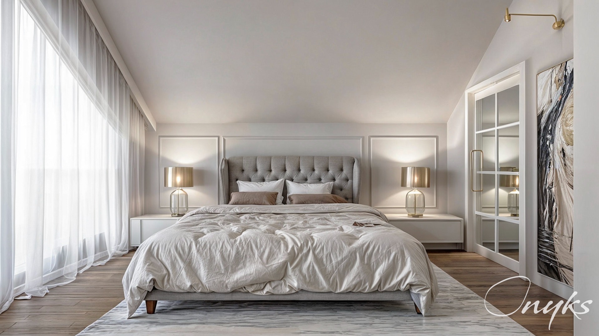 Jasna sypialnia na poddaszu z szarym łóżkiem kontynentalnym, lampkami nocnymi z przezroczystymi podstawami, białymi zasłonami i obrazem w stonowanych barwach.