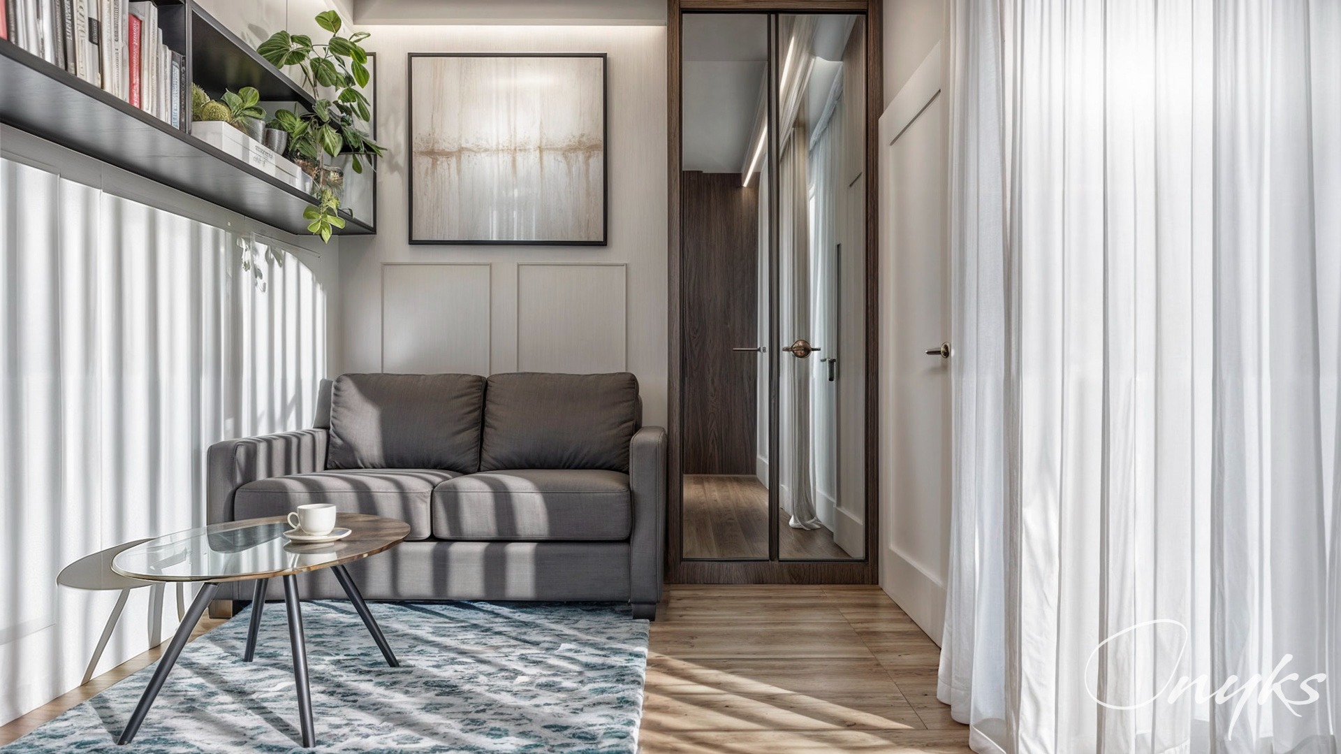 Nowoczesny salon z szarą sofą, szklanym stolikiem kawowym z filiżanką, dywanem w geometryczne wzory, lustrzanymi drzwiami i roślinami na półce, oświetlony promieniami słońca wpadającymi przez żaluzje.