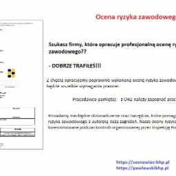 Skan dokumentu informacyjnego o ocenie ryzyka zawodowego, z logo firmy BHP Pawłowski i hasłem reklamowym.