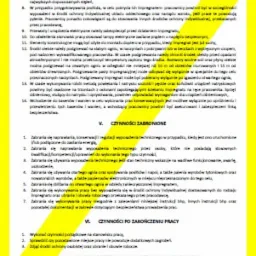 Skan instrukcji stanowiskowej BHP dotyczącej robót impregnacyjnych, z wykazem czynności zabronionych oraz zasad postępowania po zakończeniu pracy i w sytuacjach awaryjnych. Dokument w formacie A4...