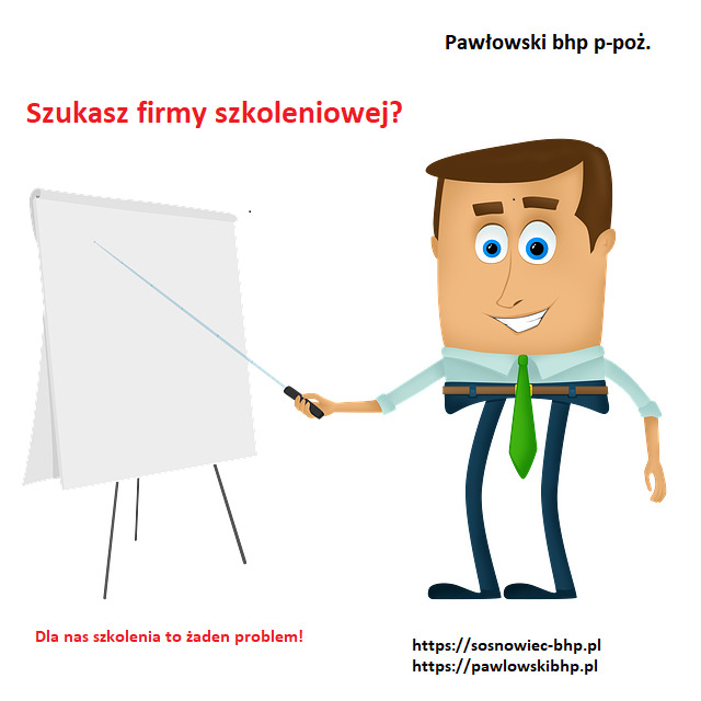 Karykaturalna postać prezentera wskazuje wskaźnikiem na pustą tablicę flipchart, obok tekst 'Szukasz firmy szkoleniowej?' i 'Dla nas szkolenia to żaden problem!' oraz adresy stron internetowych.