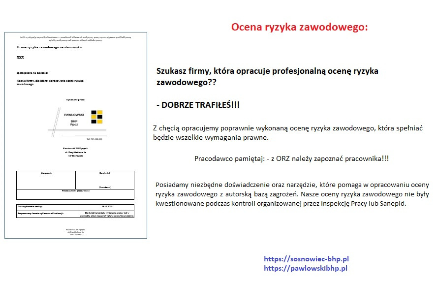 Skan dokumentu informacyjnego o ocenie ryzyka zawodowego, z logo firmy BHP Pawłowski i hasłem reklamowym.