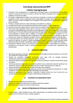Skan instrukcji stanowiskowej BHP dotyczącej robót impregnacyjnych, z wykazem czynności zabronionych oraz zasad postępowania po zakończeniu pracy i w sytuacjach awaryjnych. Dokument w formacie A4...