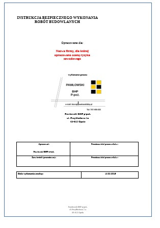 Skan dokumentu: Instrukcja Bezpiecznego Wykonania Robót Budowlanych, zawierająca logo firmy Pawłowski BHP, dane kontaktowe i datę wykonania analizy.