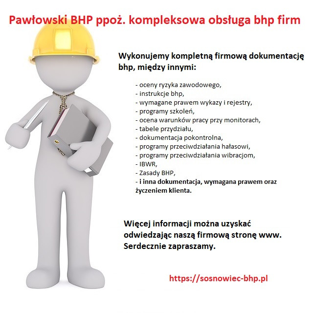 Manekin w żółtym kasku trzymający segregator z dokumentacją BHP, obok wypisane usługi związane z BHP, takie jak ocena ryzyka zawodowego i instrukcje BHP.