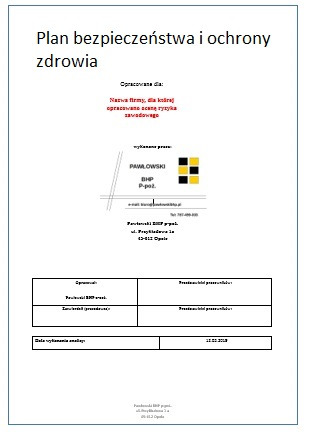Skan dokumentu: Plan Bezpieczeństwa i Ochrony Zdrowia, opracowany dla firmy z oceną ryzyka zawodowego, z pieczątką Pawłowski BHP ppoż.
