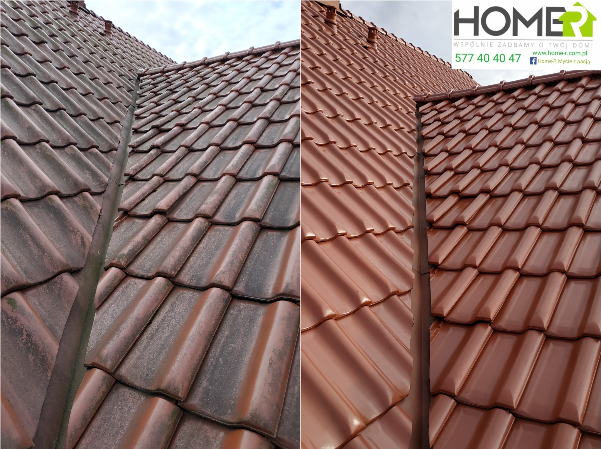 Porównanie dachu z dachówki ceramicznej przed i po czyszczeniu, widoczna wyraźna różnica w kolorze i czystości, z lewej strony pokryty mchem i zabrudzeniami, z prawej czysty i błyszczący, obok rynna.
