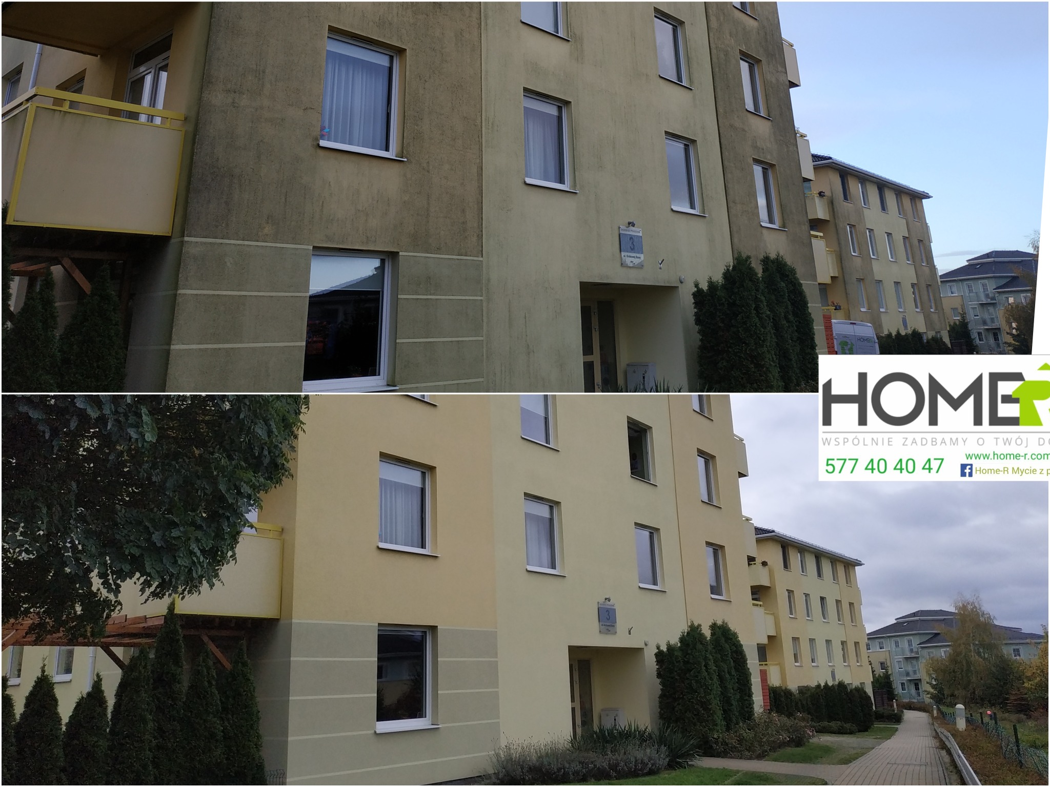 Porównanie elewacji budynku wielorodzinnego przed i po myciu, ukazujące różnicę w czystości i kolorze, z widocznym logo firmy sprzątającej w prawym dolnym rogu.