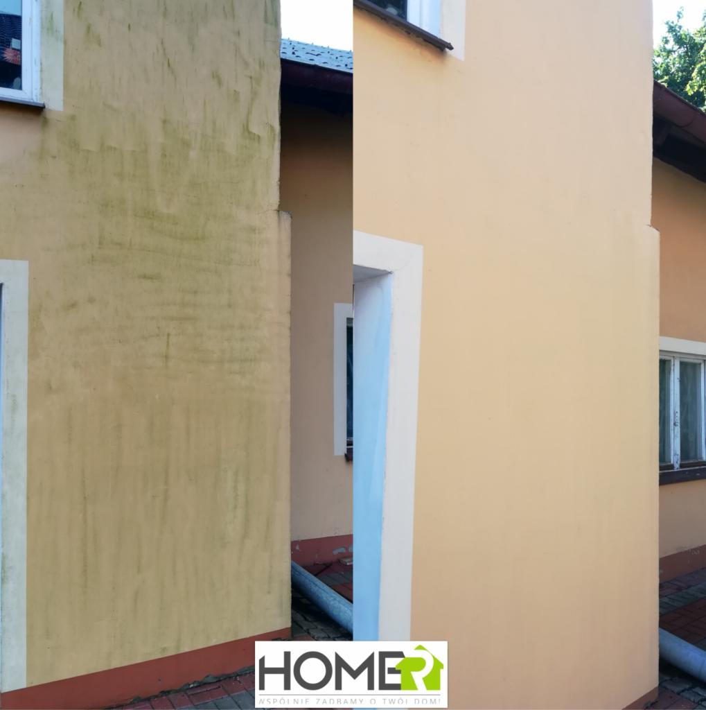 Elewacja budynku przed i po myciu, widoczna wyraźna różnica w czystości, zielony nalot usunięty, jasny odcień elewacji odzyskany.