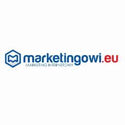 Logo firmy marketingowi.eu z niebieskim symbolem sześciokąta i tekstem 'marketing internetowy' poniżej nazwy.