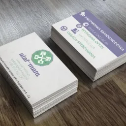 Dwa stosy wizytówek firmy motoryzacyjnej Olaf-moto na drewnianym blacie. Na jednej wizytówce logo firmy z grafiką tłoków w zielonym oktagonie oraz dane kontaktowe, na drugiej usługi: mechanika...