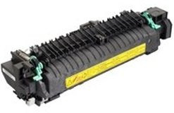 Grzałka drukarki OKI z żółtą naklejką ostrzegawczą i zielonymi elementami mocującymi, sfotografowana na białym tle pod kątem.