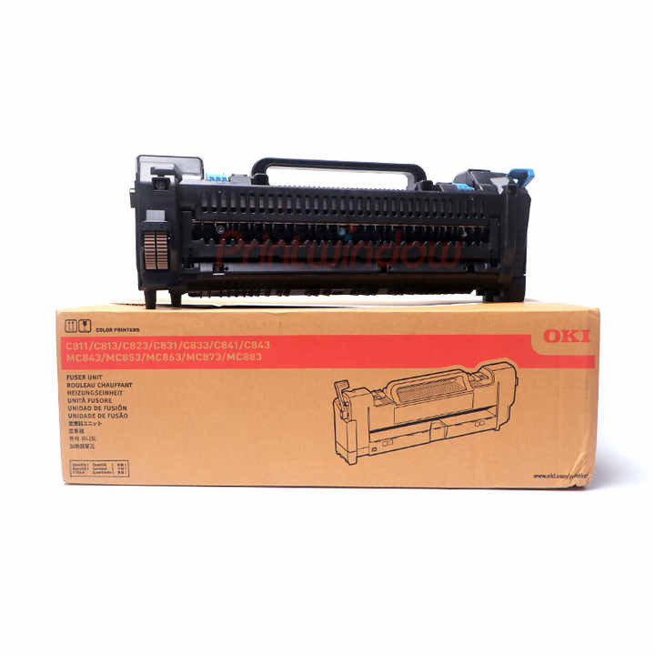 Zespół grzewczy OKI na kartonowym pudełku z oznaczeniami modeli drukarek kolorowych. Widoczny rysunek poglądowy zespołu i logo OKI.