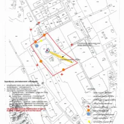 Plan zabezpieczenia stref zagrożenia podczas rozbiórki, z zaznaczonym kierunkiem powalenia komina, strefami rozrzutu odłamków i ostrzegawczymi punktami.