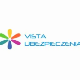 Logo firmy Vista Ubezpieczenia z kolorowym kwiatem i niebieskim napisem na białym tle.