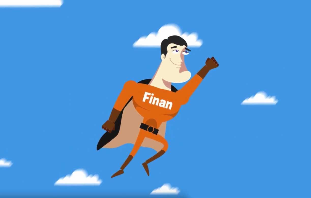 Animowana postać superbohatera z napisem 'Finan' na pomarańczowym kostiumie, lecąca na tle błękitnego nieba z chmurami.