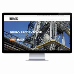 Ekran monitora wyświetlający stronę internetową biura projektowego H-Structures z wizualizacją konstrukcji przemysłowej w tle.