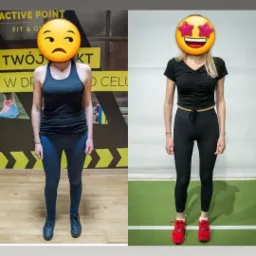 Zdjęcie typu 'przed i po' przedstawia kobietę w stroju sportowym, z lewej strony z wyrazem niezadowolenia, na tle siłowni, a z prawej strony z uśmiechem, na tle białej ściany i zielonej podłogi.