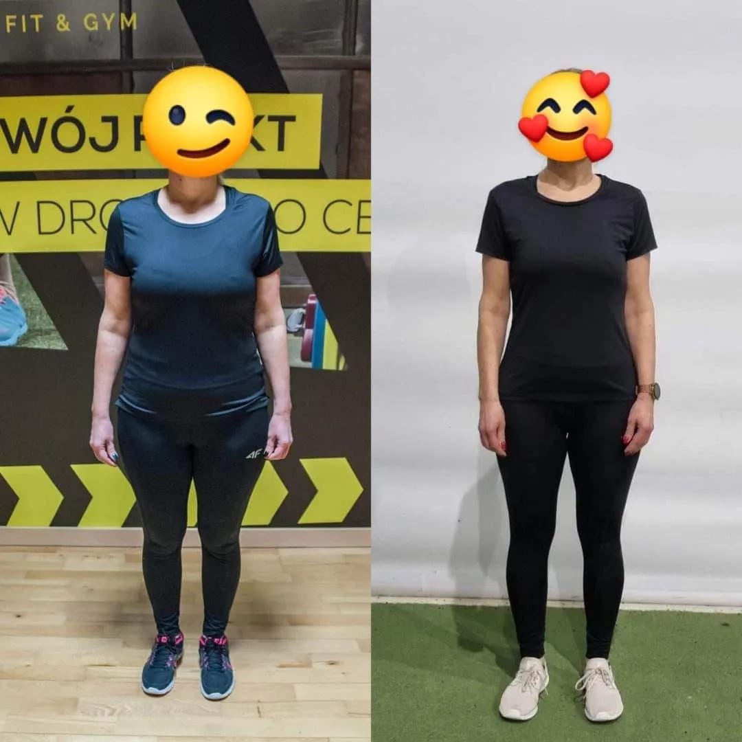 Kobieta w czarnym stroju sportowym, zdjęcie 'przed' i 'po' odchudzaniu, z zakrytymi twarzami emotikonami, prezentujące efekty diety i ćwiczeń.