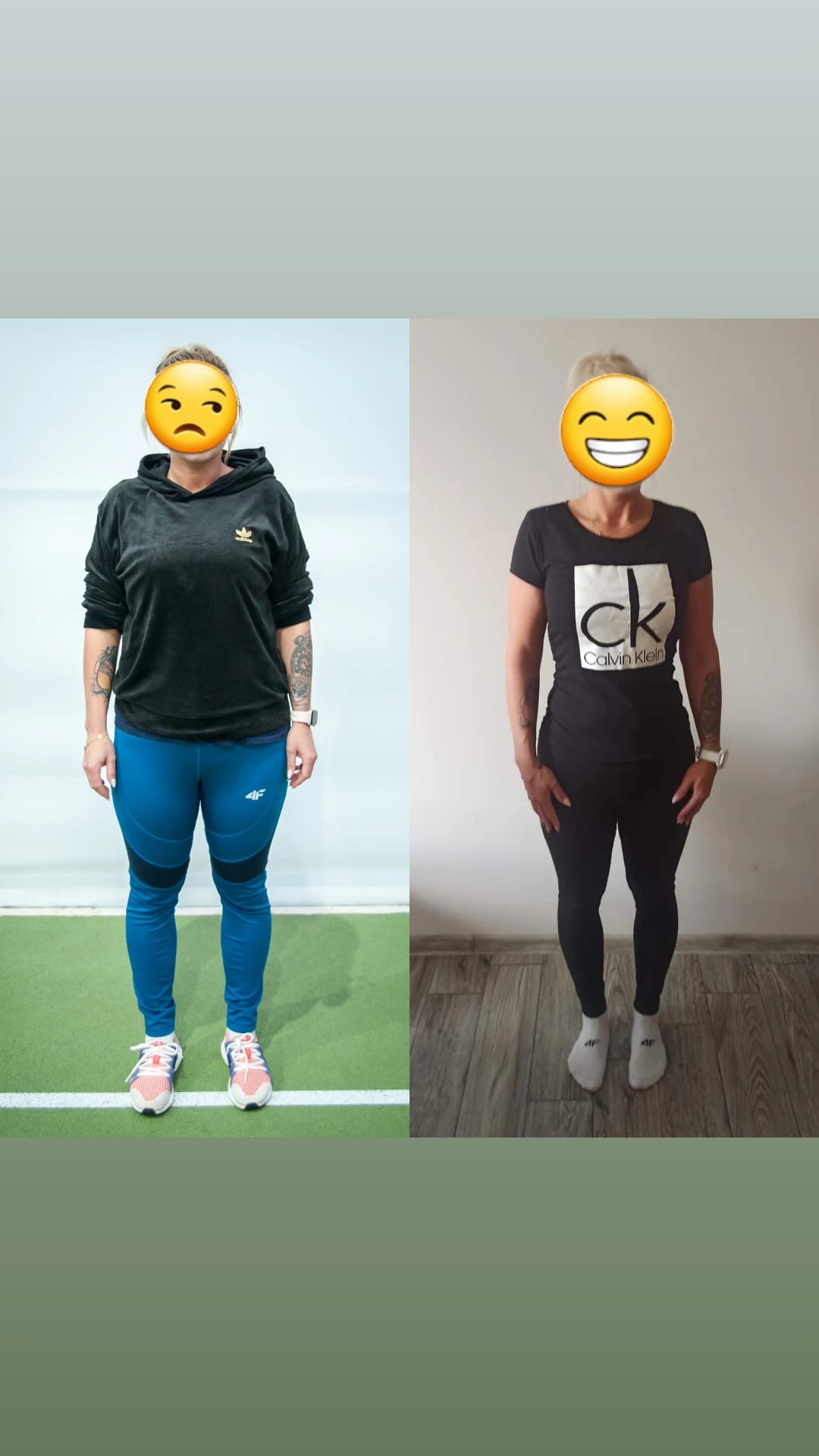 Kobieta w stroju sportowym prezentuje metamorfozę sylwetki, widoczna różnica w wadze i figurze na zdjęciu typu 'przed i po'.