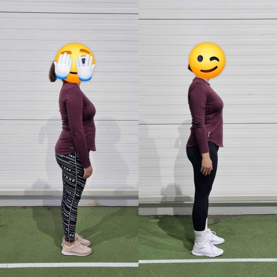 Porównanie sylwetki kobiety przed i po, widok z boku, na pierwszym zdjęciu kobieta zasłania twarz dłońmi, na drugim uśmiecha się, zdjęcia wykonane na tle białej ściany i zielonej podłogi.