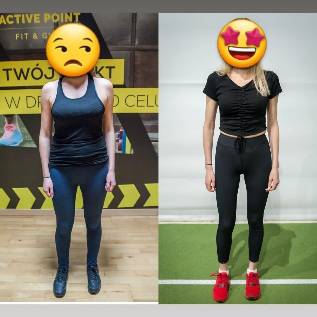 Zdjęcie typu 'przed i po' przedstawia kobietę w stroju sportowym, z lewej strony z wyrazem niezadowolenia, na tle siłowni, a z prawej strony z uśmiechem, na tle białej ściany i zielonej podłogi.