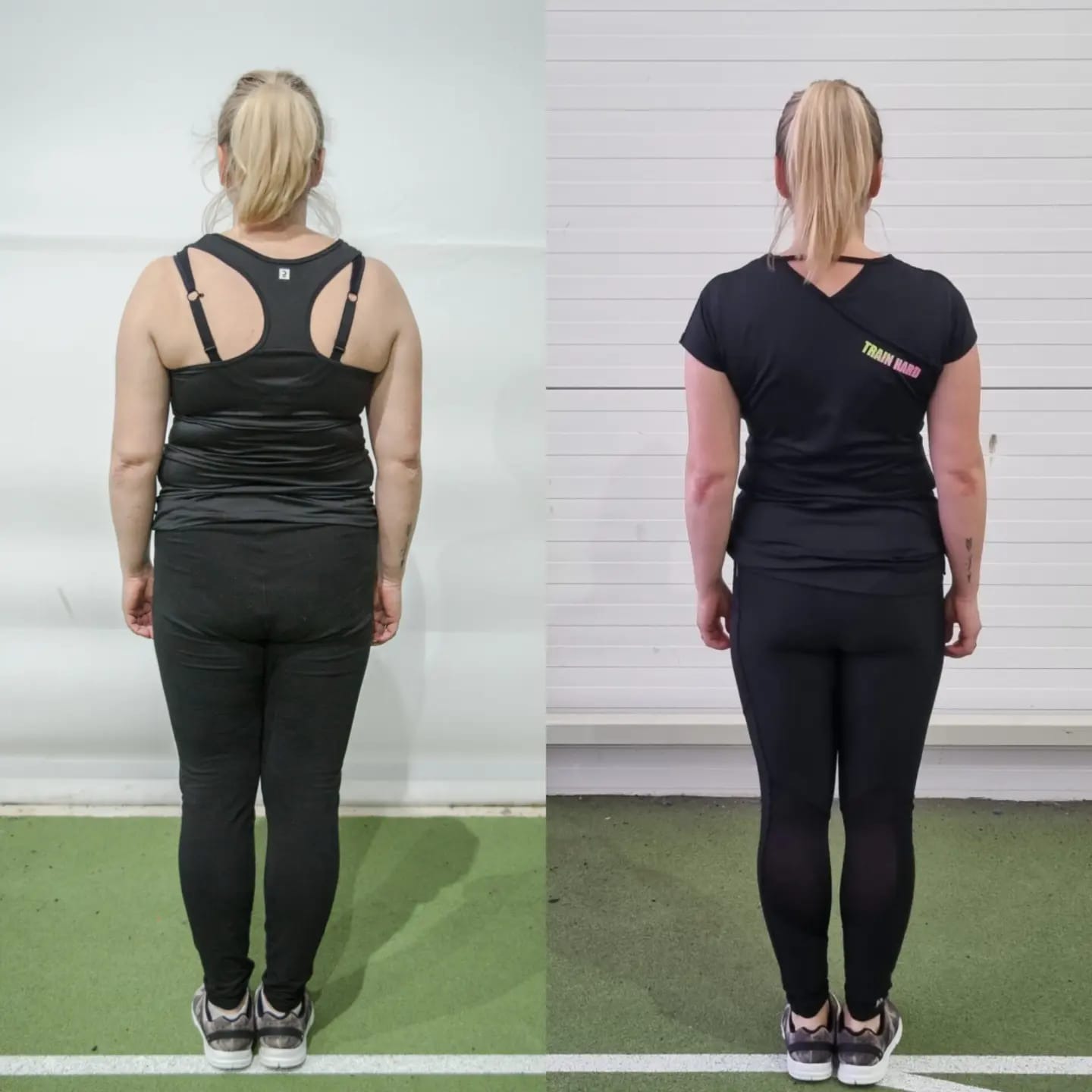 Zdjęcie typu 'przed i po' przedstawiające metamorfozę sylwetki kobiety, widoczne od tyłu, ujęcie od pasa w górę, na zielonym tle z białą linią.