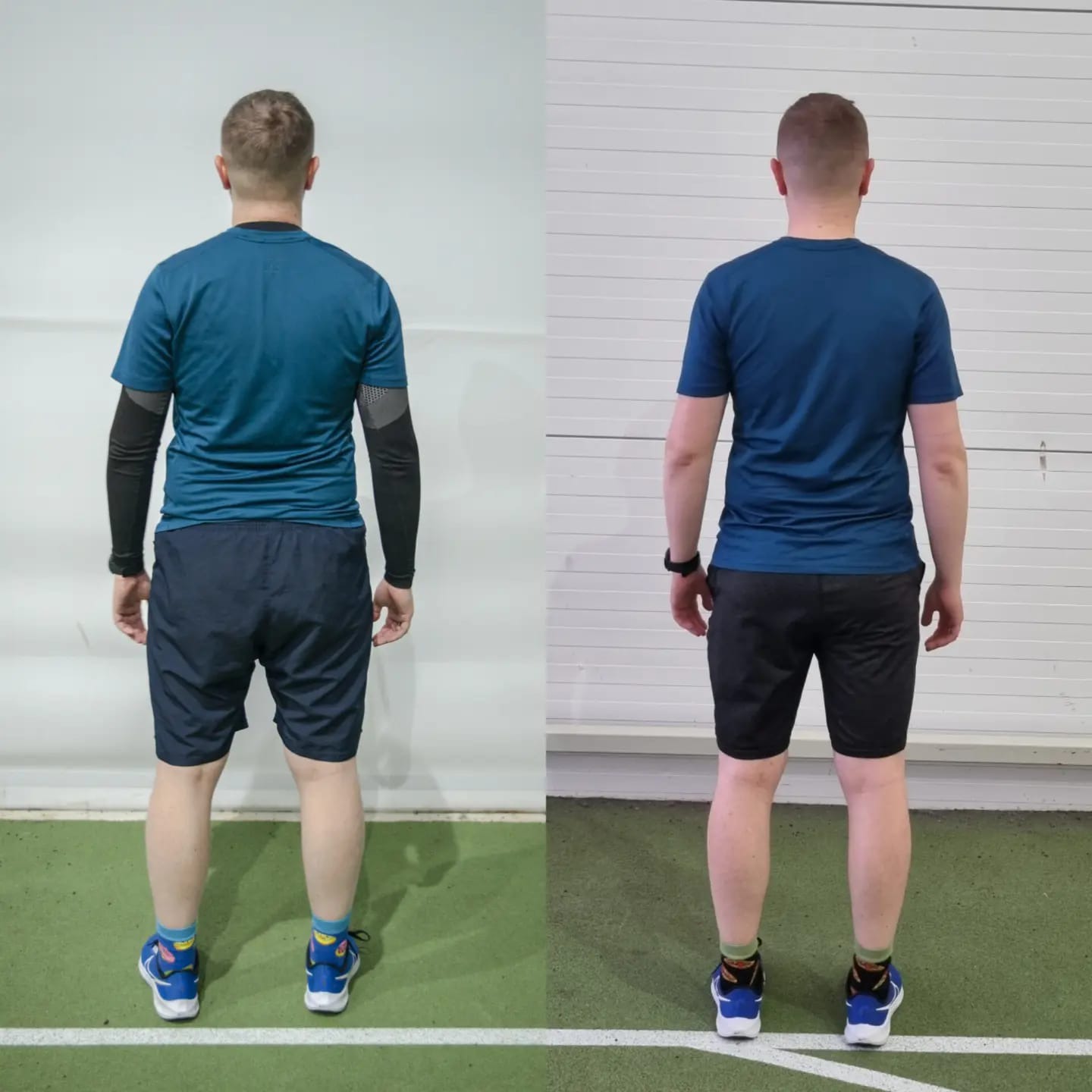 Mężczyzna przed i po, widok z tyłu, prezentujący różnicę w sylwetce, ubrany w sportowy strój na zielonej podłodze z białą linią.