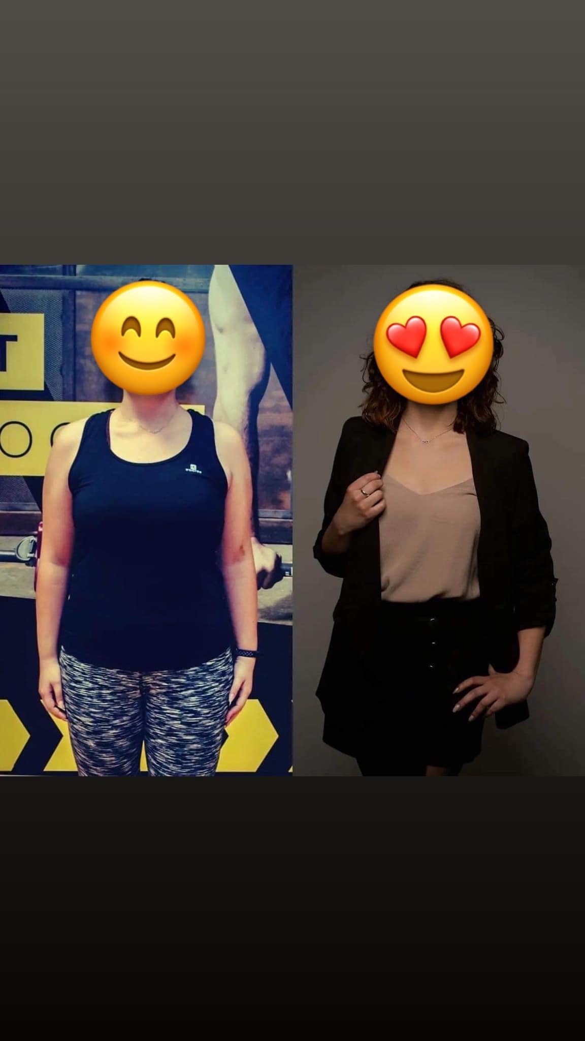 Kobieta przed i po zmianie sylwetki: po lewej w sportowym stroju na tle siłowni, po prawej w eleganckim ubraniu na szarym tle.