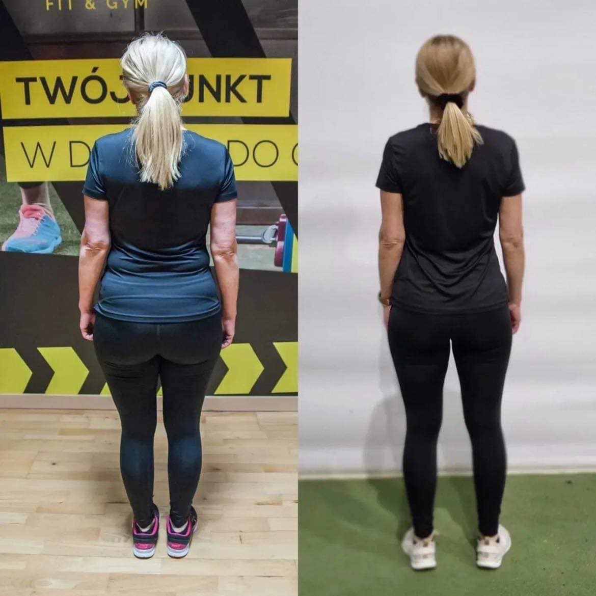 Kobieta stojąca tyłem, prezentująca porównanie sylwetki przed i po treningu, widoczne zmiany w kształcie ciała, na lewym zdjęciu widoczny plakat z napisem 'TWÓJ PUNKT WIDZENIA'