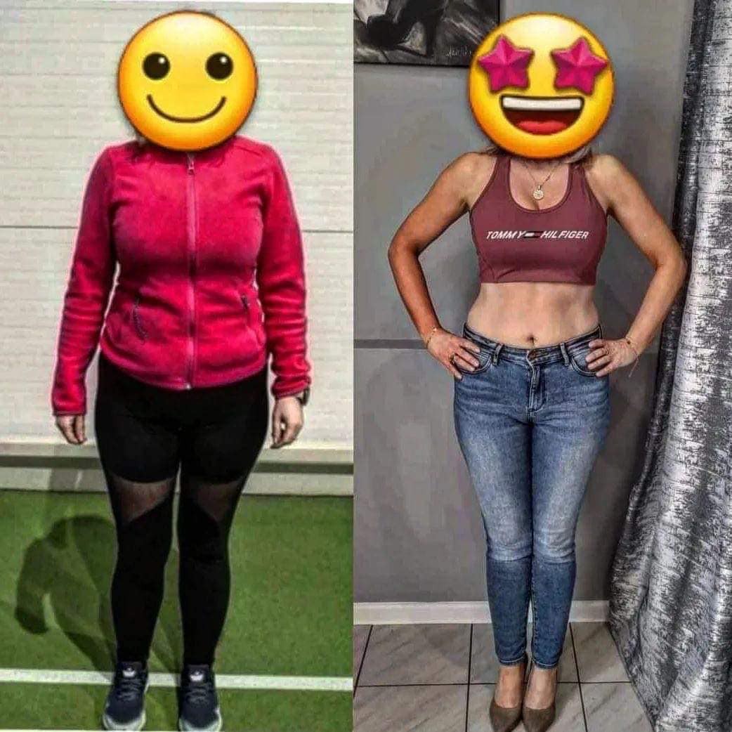 Zdjęcie typu 'przed i po' przedstawiające kobietę w czerwonej bluzie i legginsach przed metamorfozą oraz w topie i jeansach po metamorfozie, z zasłoniętymi twarzami emotikonami.