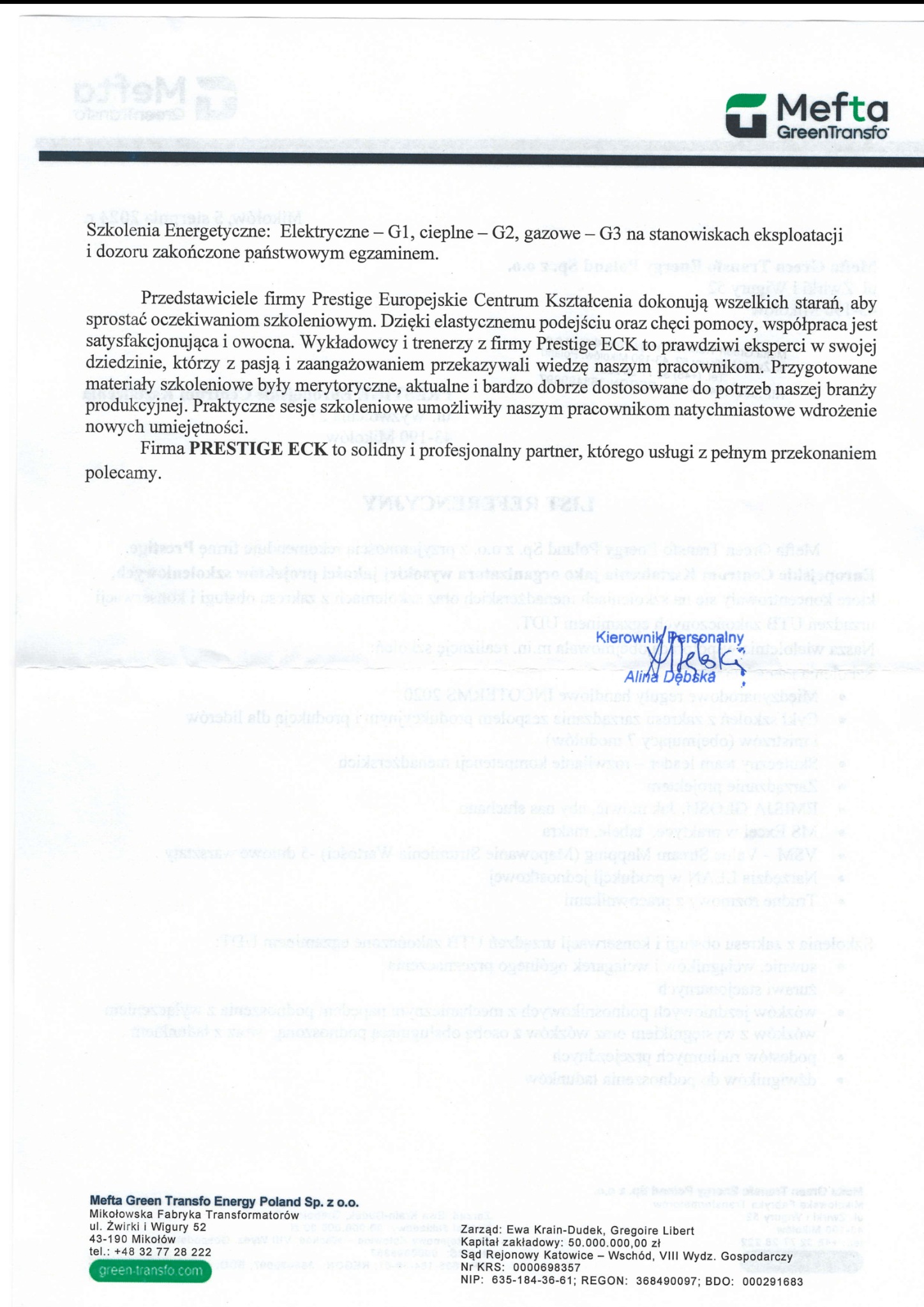 Skan dokumentu referencyjnego firmy Mefta Green Transfo Energy Poland, wspominającego szkolenia energetyczne i współpracę z Prestige ECK, z podpisem Kierownika Personalnego Aliny Dębskiej.