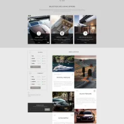 Projekt strony internetowej agencji nieruchomości z nowoczesnym domem w tle, pole wyszukiwania i ofertami ekskluzywnych nieruchomości.