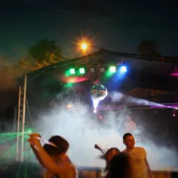 Scena oświetlona kolorowymi światłami i wypełniona dymem podczas wieczornej imprezy plenerowej, z bawiącymi się ludźmi w tle i kulą dyskotekową w centrum.