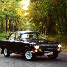 Czarna, klasyczna Wołga GAZ-24 z białymi felgami na asfaltowej drodze otoczonej jesiennym lasem, z włączonymi światłami mijania i ż&oacute;łtymi halogenami.