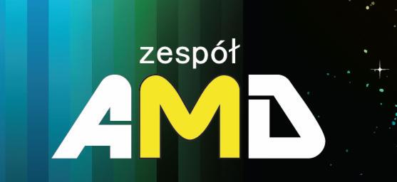 Grafika z napisem 'zespół AMD' na tle gradientu kolorów i gwiazd