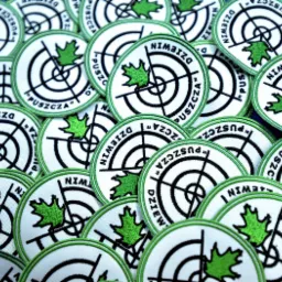 Stos okrągłych naszywek z białym tłem, zieloną obwódką i motywem tarczy strzelniczej z zielonym liściem dębu pośrodku oraz napisem 'DZIEWIN PUSZCZA'