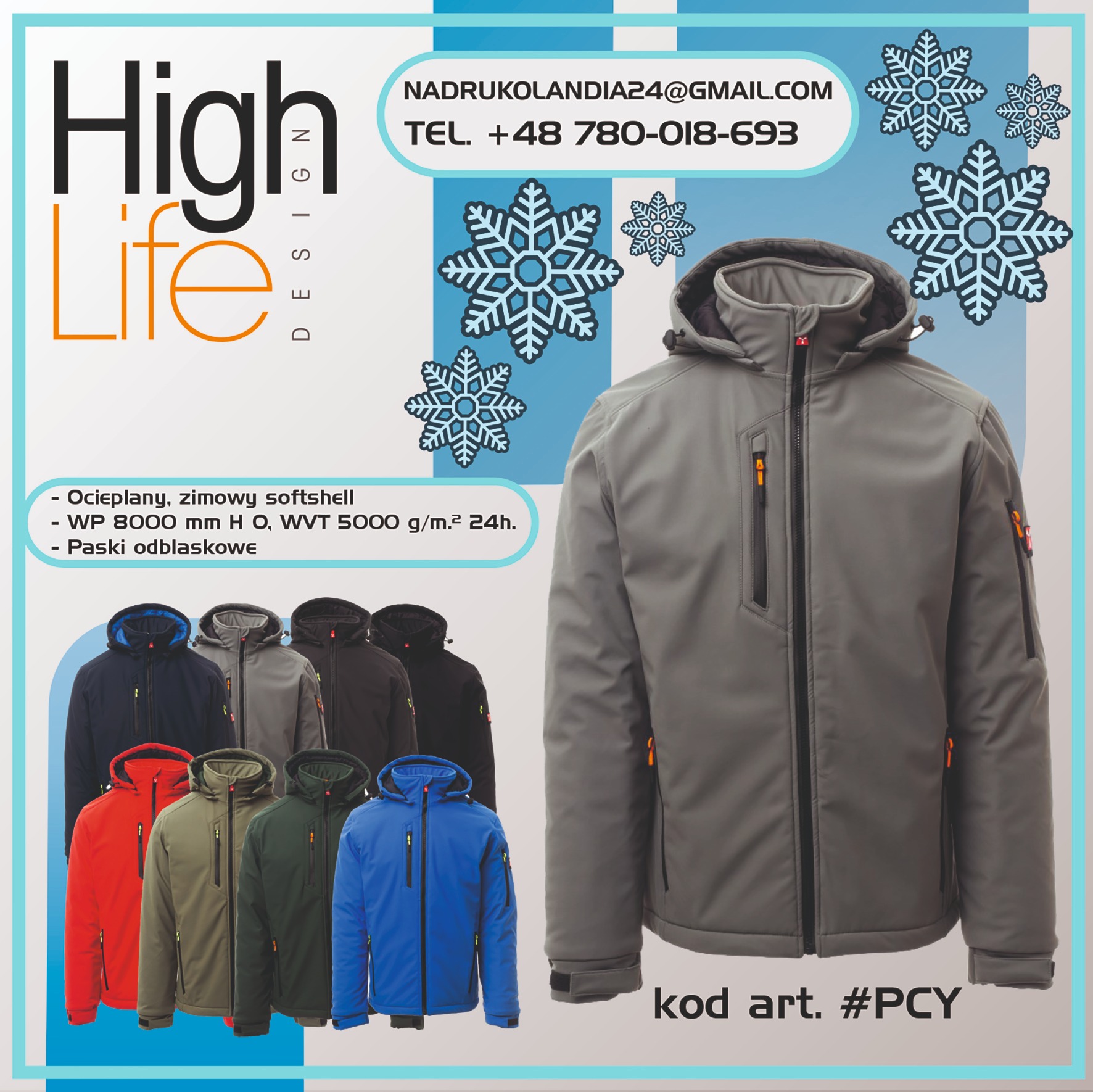Grafika reklamowa prezentująca zimową kurtkę softshell w różnych kolorach, z informacjami o parametrach technicznych i danymi kontaktowymi firmy.