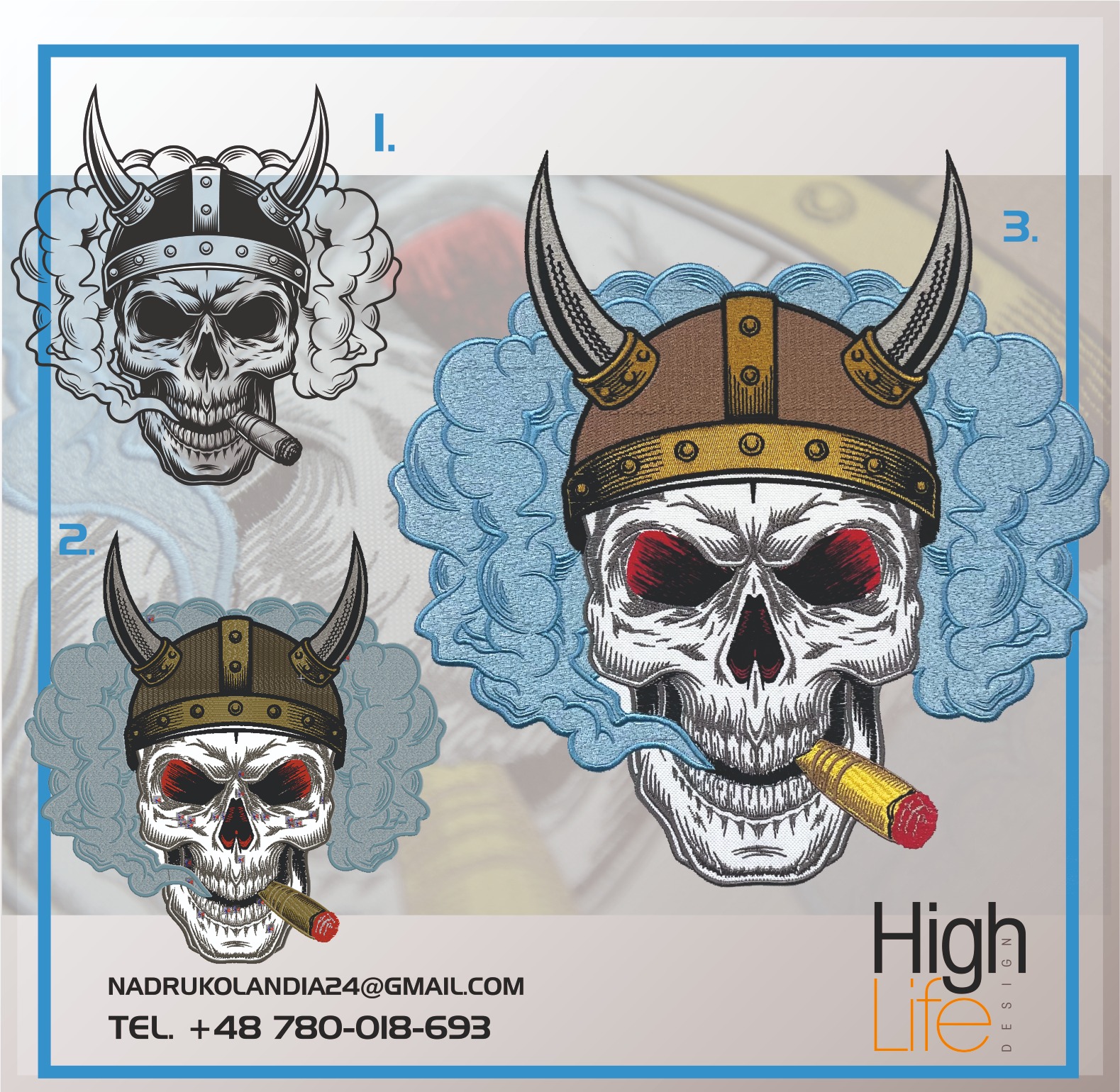 Kompozycja graficzna prezentująca trzy warianty haftu przedstawiającego czaszkę w hełmie wikinga palącą cygaro, otoczoną stylizowanym dymem, z informacjami kontaktowymi firmy.