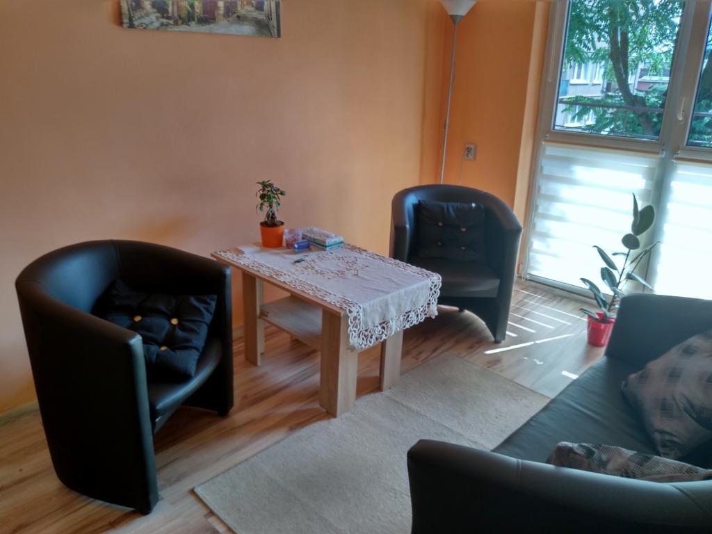 Jasny pokój z dwoma czarnymi fotelami, drewnianym stolikiem z koronkową serwetą, zieloną rośliną w doniczce na parapecie i obrazem na ścianie w odcieniach brązu.