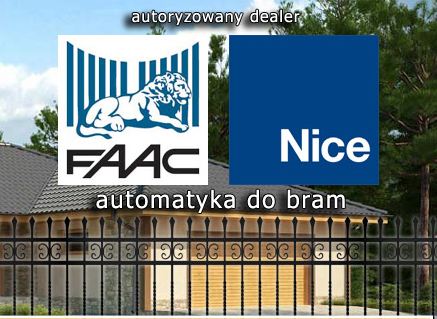 Logotypy FAAC i Nice na tle fragmentu posesji z kutym ogrodzeniem i bramą garażową, informujące o automatyce do bram.