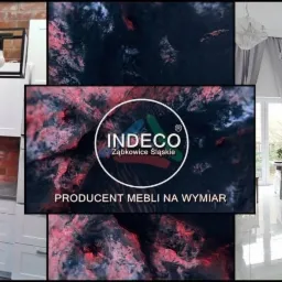 Kompozycja zdjęć: kuchnia z białymi szafkami i ceglaną ścianą, logo firmy Indeco z Ząbkowic Śląskich oraz szafa z lustrzanymi drzwiami w jasnym pokoju.