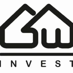 Logotyp firmy inwestycyjnej przedstawiający stylizowany zarys dwóch domów połączonych w jedną całość, umieszczony nad napisem 'INVEST'.