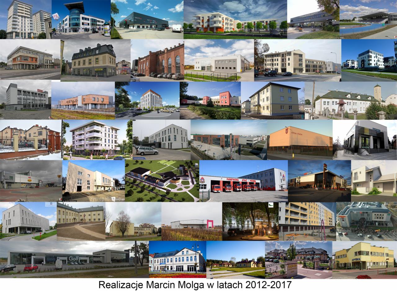 Kolaż zdjęć różnych budynków zrealizowanych przez Marcina Molgę w latach 2012-2017, prezentujący różnorodność architektoniczną i style budownictwa.