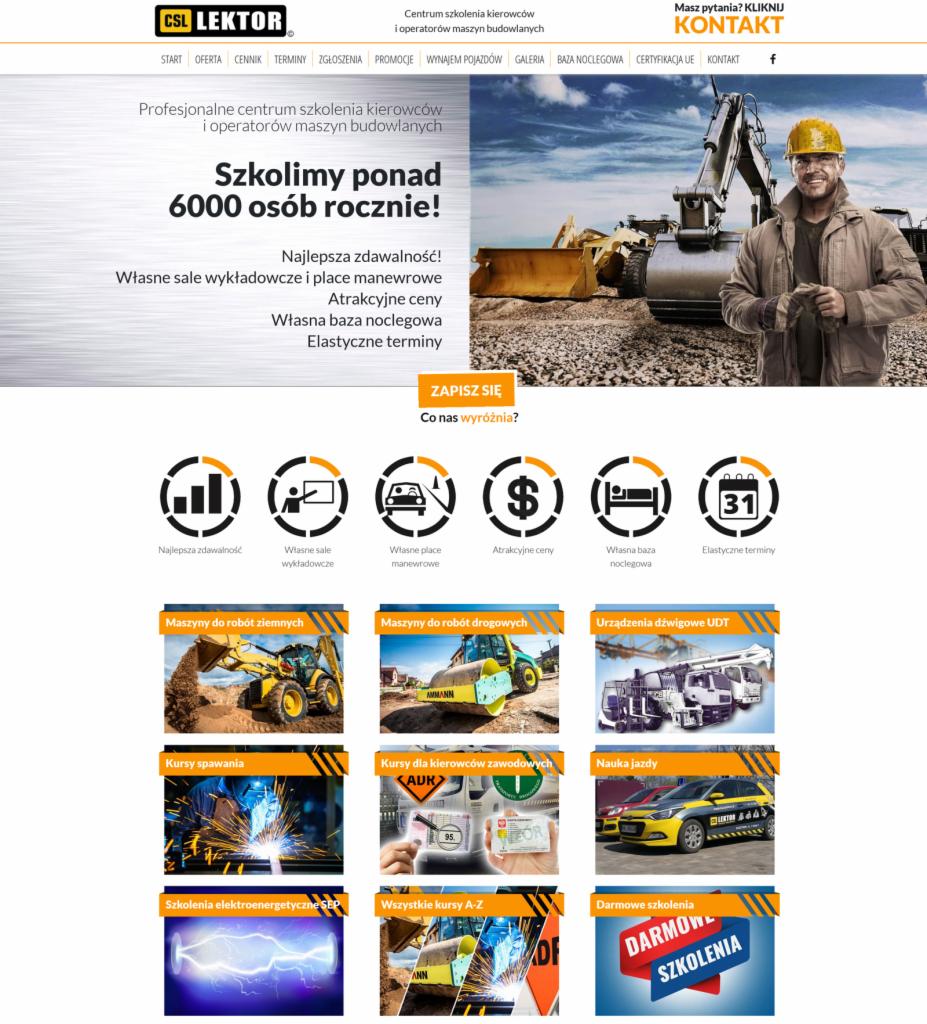 Strona internetowa centrum szkolenia kierowców i operatorów maszyn budowlanych z uśmiechniętym instruktorem na tle koparki.