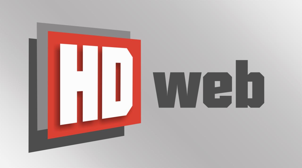 Logo HD web z białym napisem HD na czerwonym kwadracie z szarym tłem i szarym napisem web po prawej stronie, całość na jasnoszarym tle.