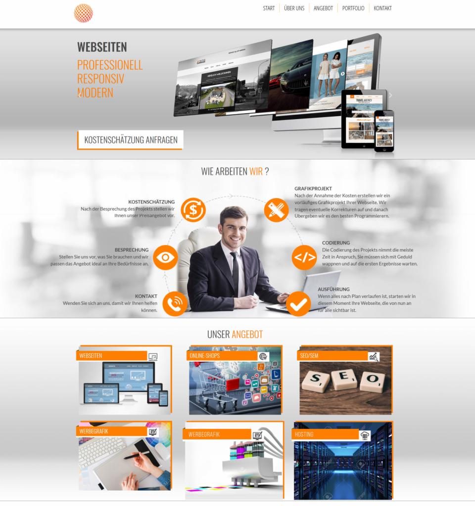 Ilustracja procesu tworzenia stron internetowych: od kosztorysu i projektowania graficznego, przez kodowanie, po uruchomienie, z uśmiechniętym konsultantem w tle.