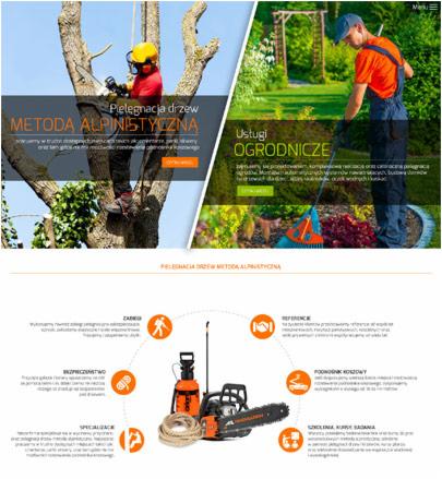 Projekt strony internetowej prezentującej usługi ogrodnicze i pielęgnacji drzew metodą alpinistyczną, z widocznymi narzędziami i pracownikami w trakcie pracy.